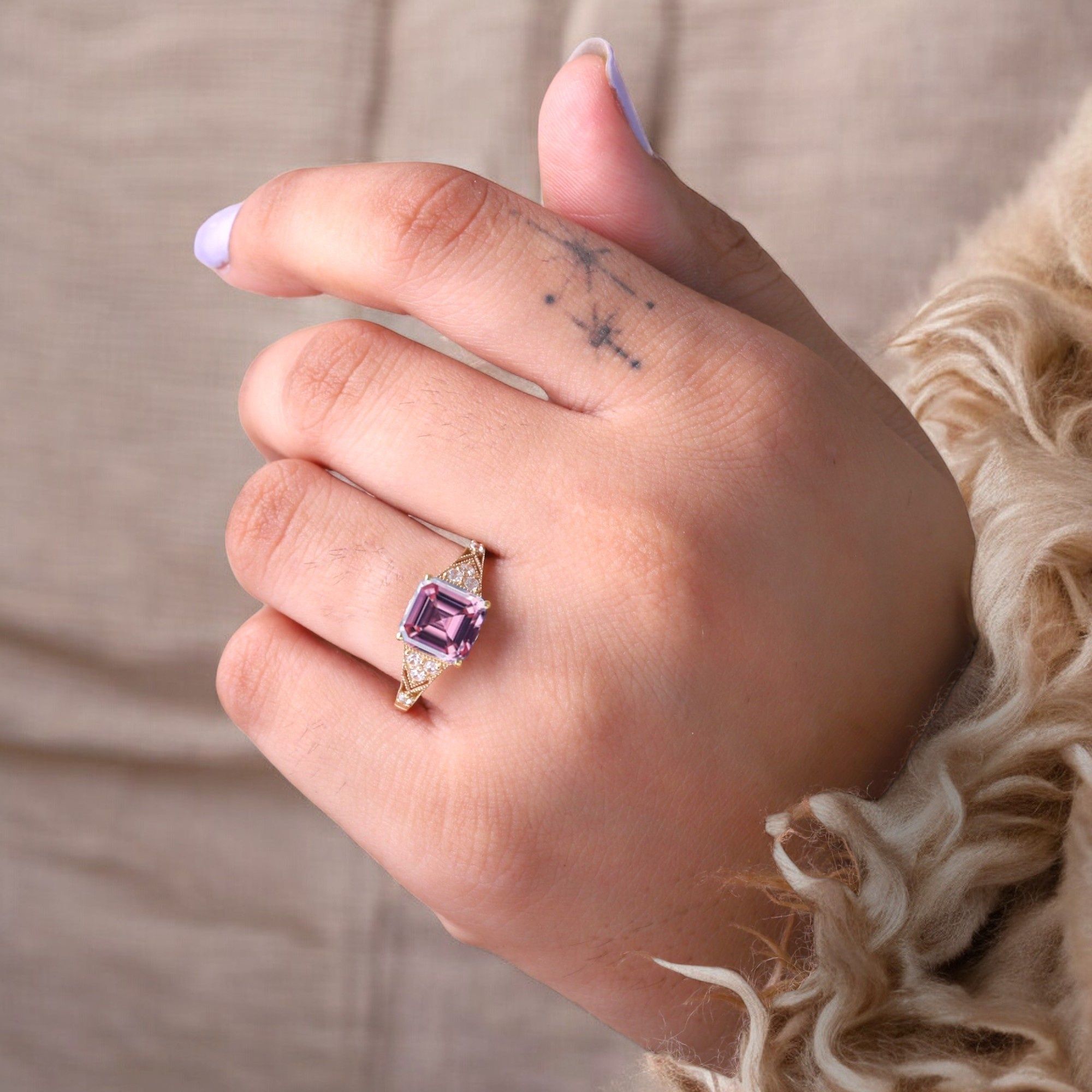 Princess Cut Pink Sapphire Engagement Ring Diamond Promise Stacking Ring Rose Gold Handmade Jewelry Birthday Gift For Wife Princess cut pink sapphire engagement ring with diamond accents Matching diamond promise stacking band in 14K rose gold Handcrafted pink sapphire and diamond ring set showcasing vintage charm Customizable engagement ring and band set reflecting personal style Timeless pink sapphire jewelry piece perfect for engagements or anniversaries Elegant rose gold ring set ideal as a heartfelt gift for wifeā