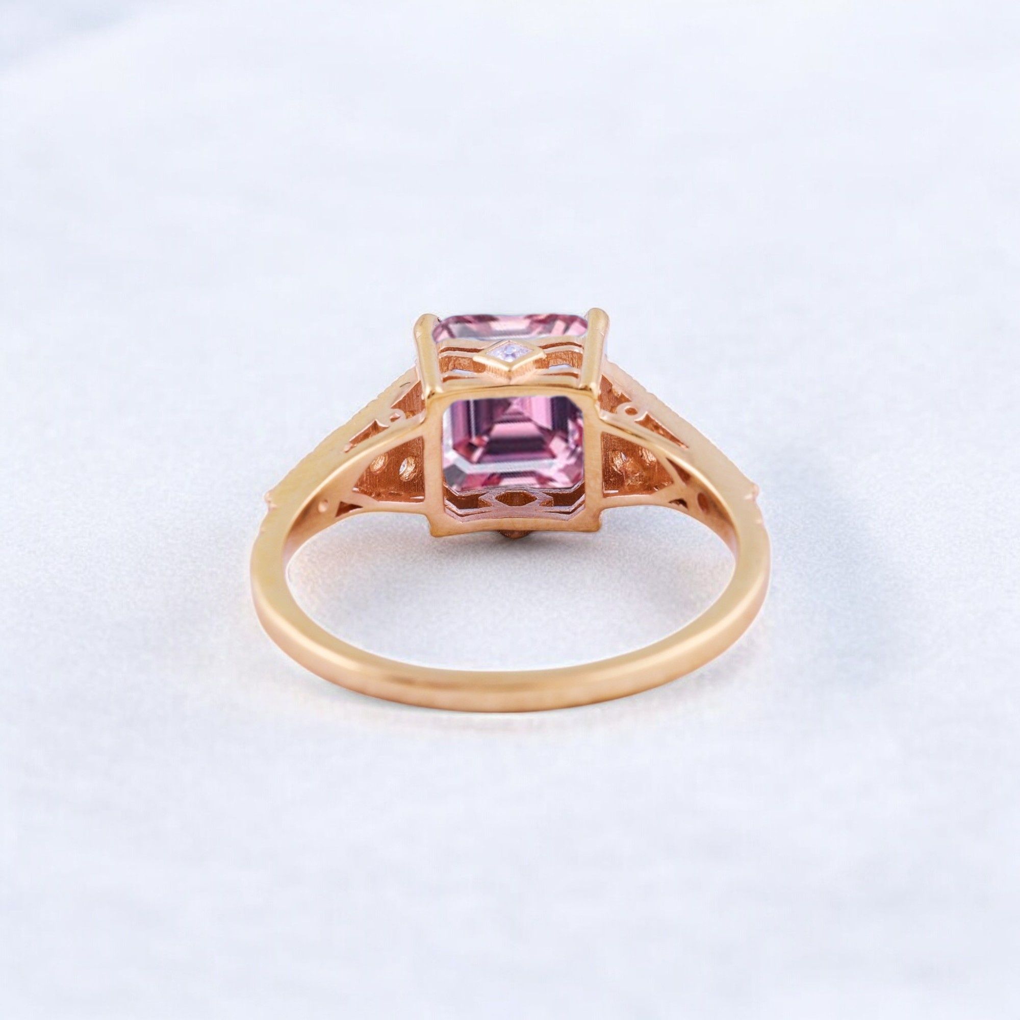 Princess Cut Pink Sapphire Engagement Ring Diamond Promise Stacking Ring Rose Gold Handmade Jewelry Birthday Gift For Wife Princess cut pink sapphire engagement ring with diamond accents Matching diamond promise stacking band in 14K rose gold Handcrafted pink sapphire and diamond ring set showcasing vintage charm Customizable engagement ring and band set reflecting personal style Timeless pink sapphire jewelry piece perfect for engagements or anniversaries Elegant rose gold ring set ideal as a heartfelt gift for wifeā