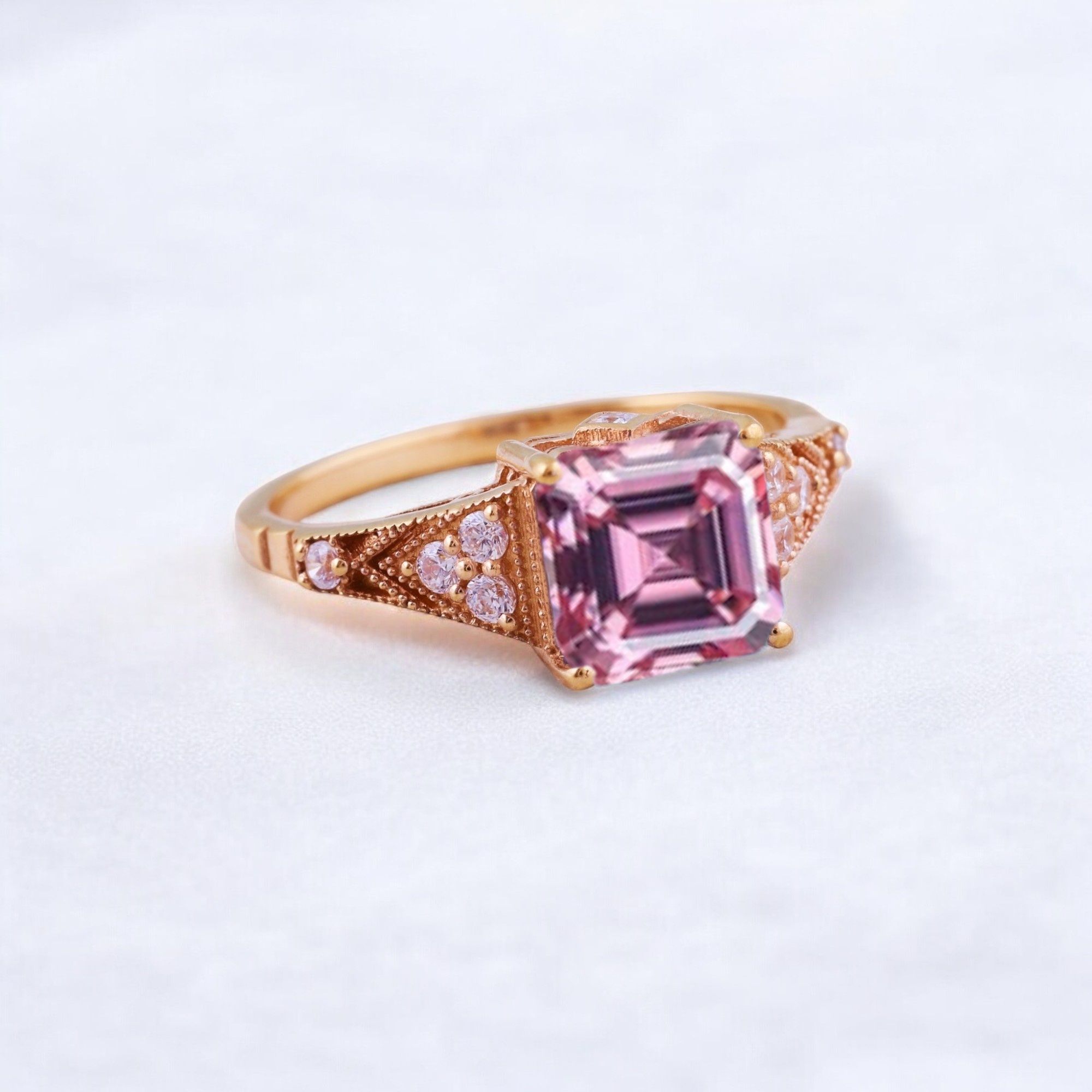 Princess Cut Pink Sapphire Engagement Ring Diamond Promise Stacking Ring Rose Gold Handmade Jewelry Birthday Gift For Wife Princess cut pink sapphire engagement ring with diamond accents Matching diamond promise stacking band in 14K rose gold Handcrafted pink sapphire and diamond ring set showcasing vintage charm Customizable engagement ring and band set reflecting personal style Timeless pink sapphire jewelry piece perfect for engagements or anniversaries Elegant rose gold ring set ideal as a heartfelt gift for wifeā