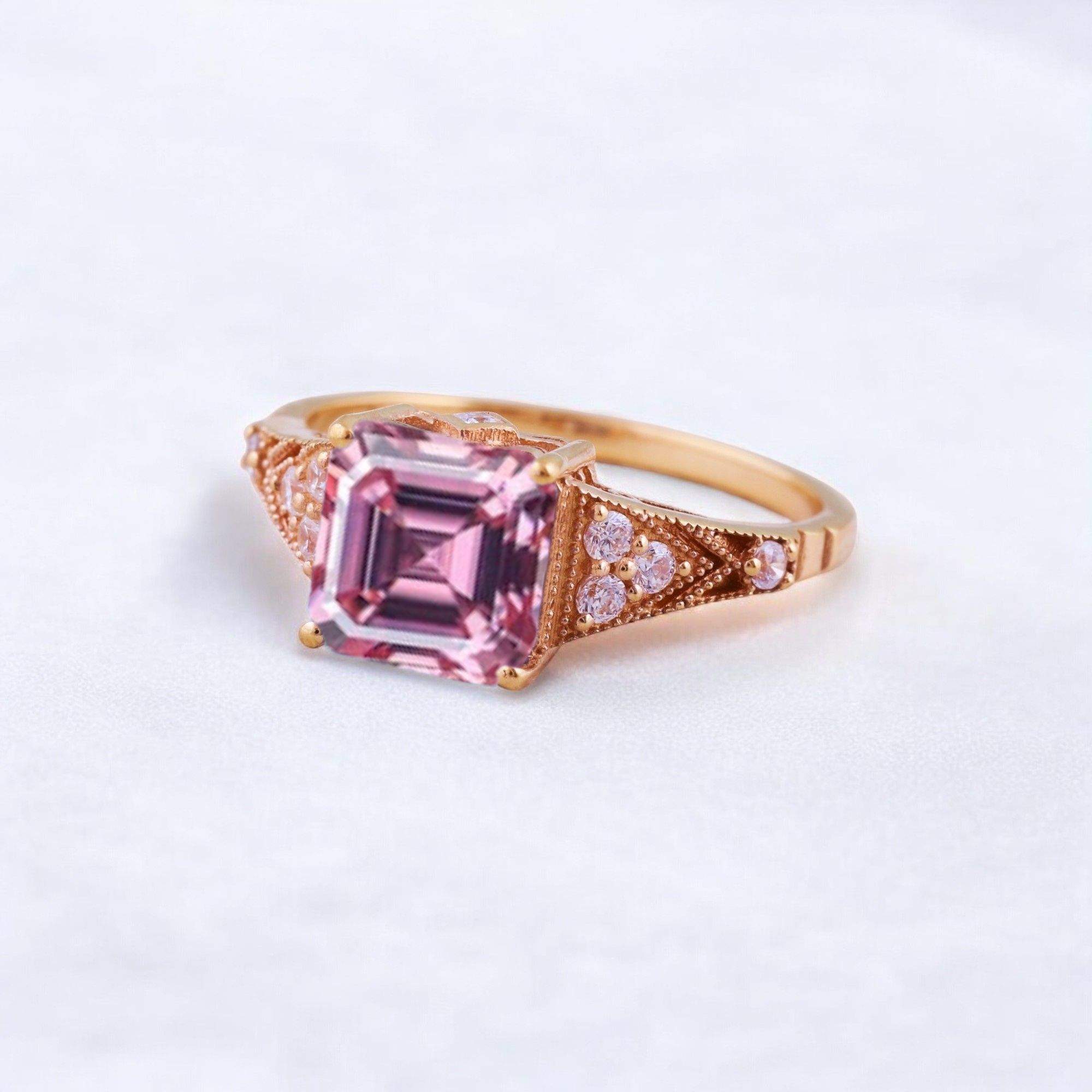 Princess Cut Pink Sapphire Engagement Ring Diamond Promise Stacking Ring Rose Gold Handmade Jewelry Birthday Gift For Wife Princess cut pink sapphire engagement ring with diamond accents Matching diamond promise stacking band in 14K rose gold Handcrafted pink sapphire and diamond ring set showcasing vintage charm Customizable engagement ring and band set reflecting personal style Timeless pink sapphire jewelry piece perfect for engagements or anniversaries Elegant rose gold ring set ideal as a heartfelt gift for wifeā