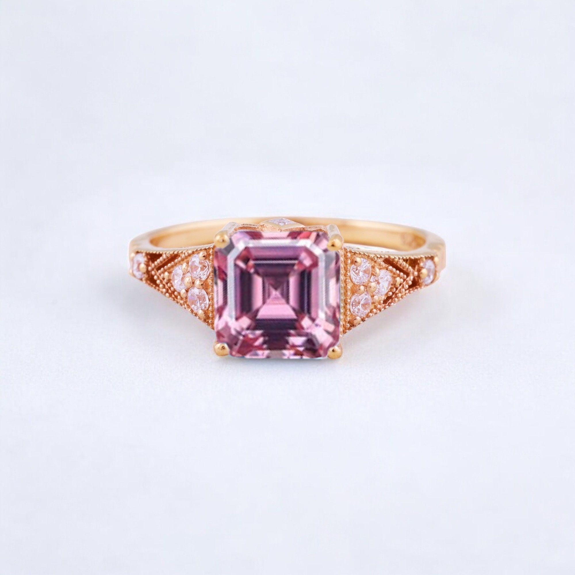 Princess Cut Pink Sapphire Engagement Ring Diamond Promise Stacking Ring Rose Gold Handmade Jewelry Birthday Gift For Wife Princess cut pink sapphire engagement ring with diamond accents Matching diamond promise stacking band in 14K rose gold Handcrafted pink sapphire and diamond ring set showcasing vintage charm Customizable engagement ring and band set reflecting personal style Timeless pink sapphire jewelry piece perfect for engagements or anniversaries Elegant rose gold ring set ideal as a heartfelt gift for wifeā