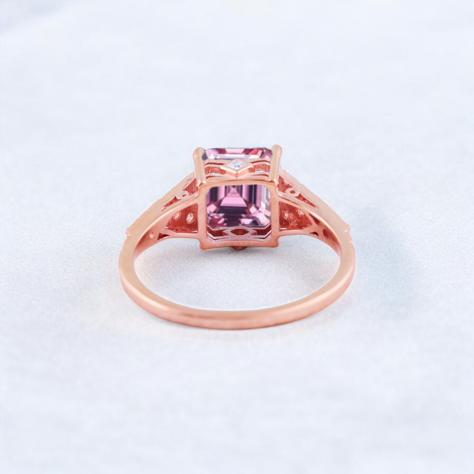 Princess Cut Pink Sapphire Engagement Ring Diamond Promise Stacking Ring Rose Gold Handmade Jewelry Birthday Gift For Wife Princess cut pink sapphire engagement ring with diamond accents Matching diamond promise stacking band in 14K rose gold Handcrafted pink sapphire and diamond ring set showcasing vintage charm Customizable engagement ring and band set reflecting personal style Timeless pink sapphire jewelry piece perfect for engagements or anniversaries Elegant rose gold ring set ideal as a heartfelt gift for wifeā