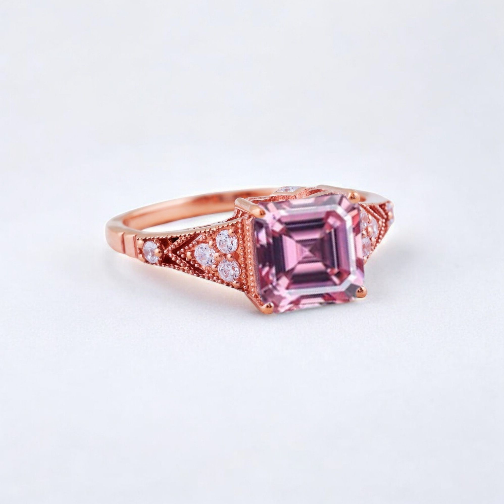 Princess Cut Pink Sapphire Engagement Ring Diamond Promise Stacking Ring Rose Gold Handmade Jewelry Birthday Gift For Wife Princess cut pink sapphire engagement ring with diamond accents Matching diamond promise stacking band in 14K rose gold Handcrafted pink sapphire and diamond ring set showcasing vintage charm Customizable engagement ring and band set reflecting personal style Timeless pink sapphire jewelry piece perfect for engagements or anniversaries Elegant rose gold ring set ideal as a heartfelt gift for wifeā