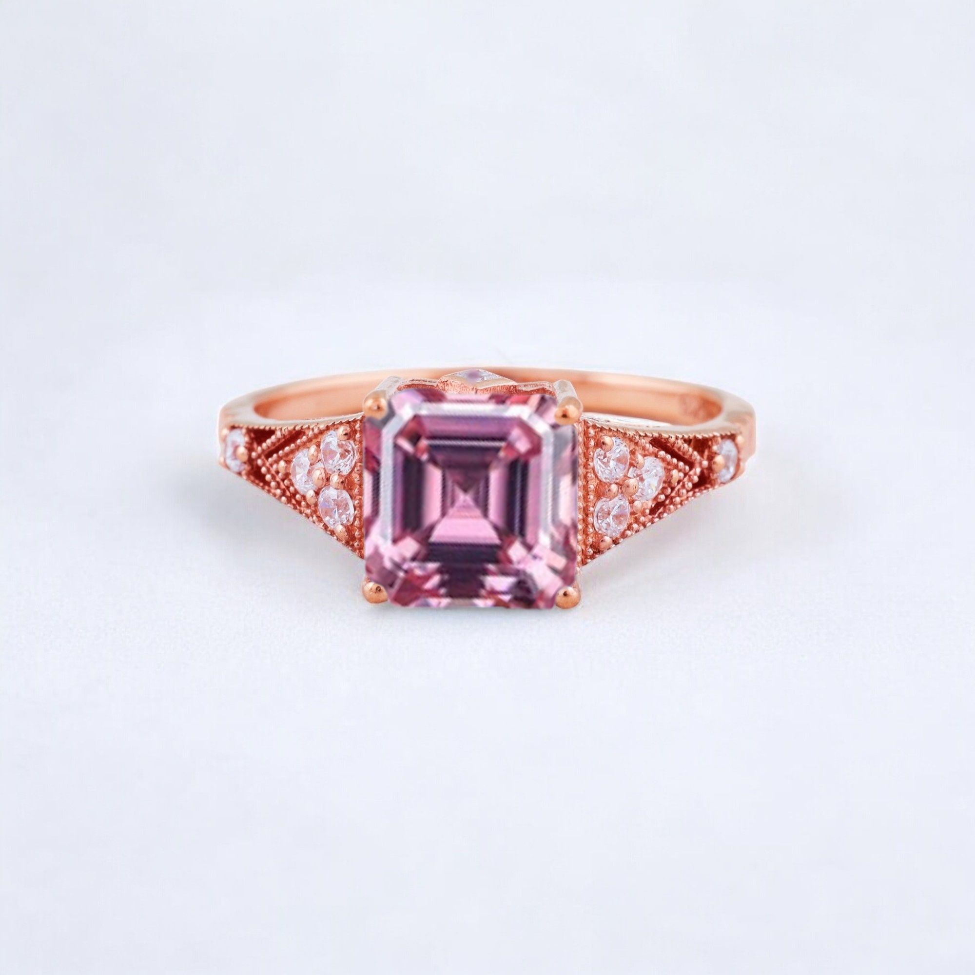 Princess Cut Pink Sapphire Engagement Ring Diamond Promise Stacking Ring Rose Gold Handmade Jewelry Birthday Gift For Wife Princess cut pink sapphire engagement ring with diamond accents Matching diamond promise stacking band in 14K rose gold Handcrafted pink sapphire and diamond ring set showcasing vintage charm Customizable engagement ring and band set reflecting personal style Timeless pink sapphire jewelry piece perfect for engagements or anniversaries Elegant rose gold ring set ideal as a heartfelt gift for wifeā