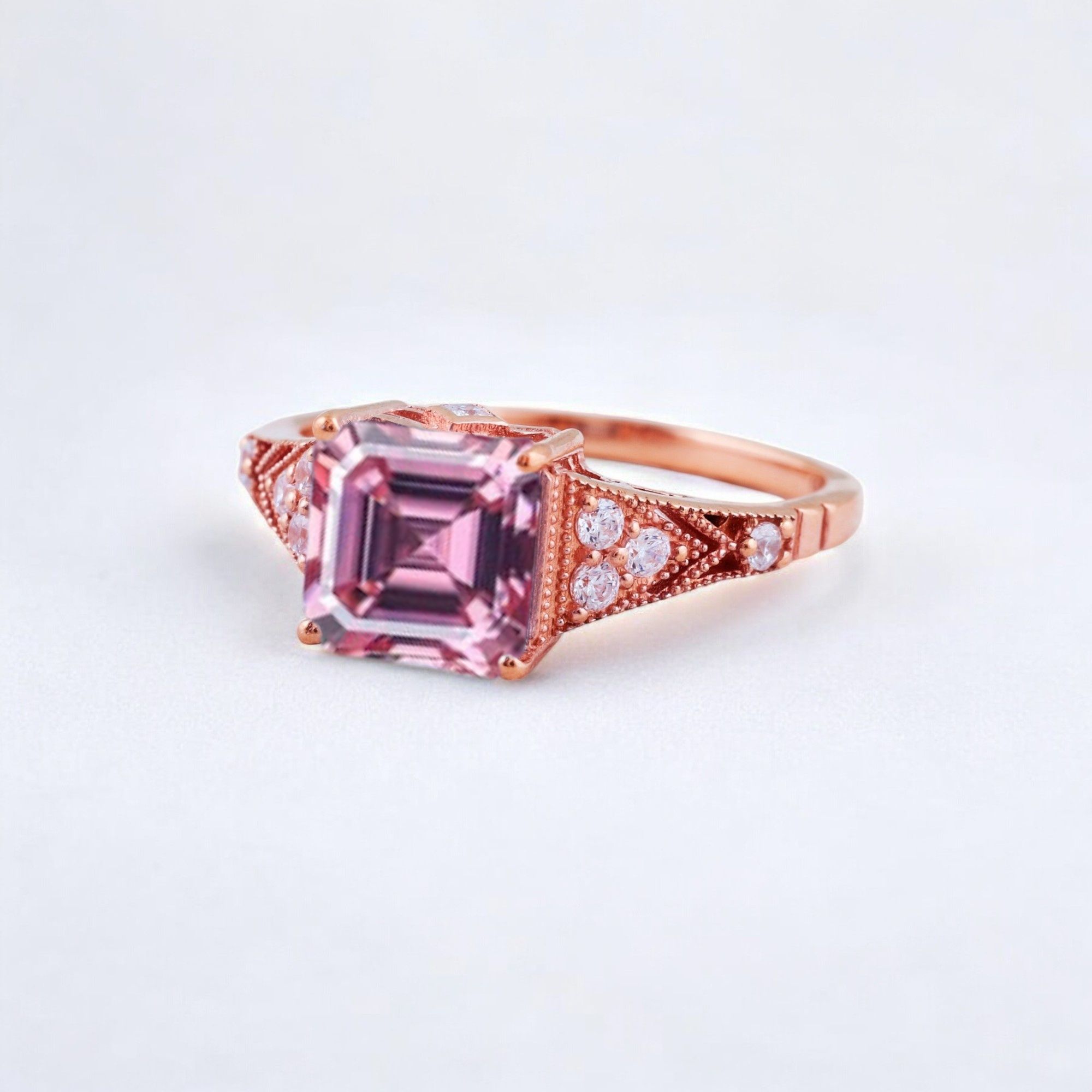 Princess Cut Pink Sapphire Engagement Ring Diamond Promise Stacking Ring Rose Gold Handmade Jewelry Birthday Gift For Wife Princess cut pink sapphire engagement ring with diamond accents Matching diamond promise stacking band in 14K rose gold Handcrafted pink sapphire and diamond ring set showcasing vintage charm Customizable engagement ring and band set reflecting personal style Timeless pink sapphire jewelry piece perfect for engagements or anniversaries Elegant rose gold ring set ideal as a heartfelt gift for wifeā
