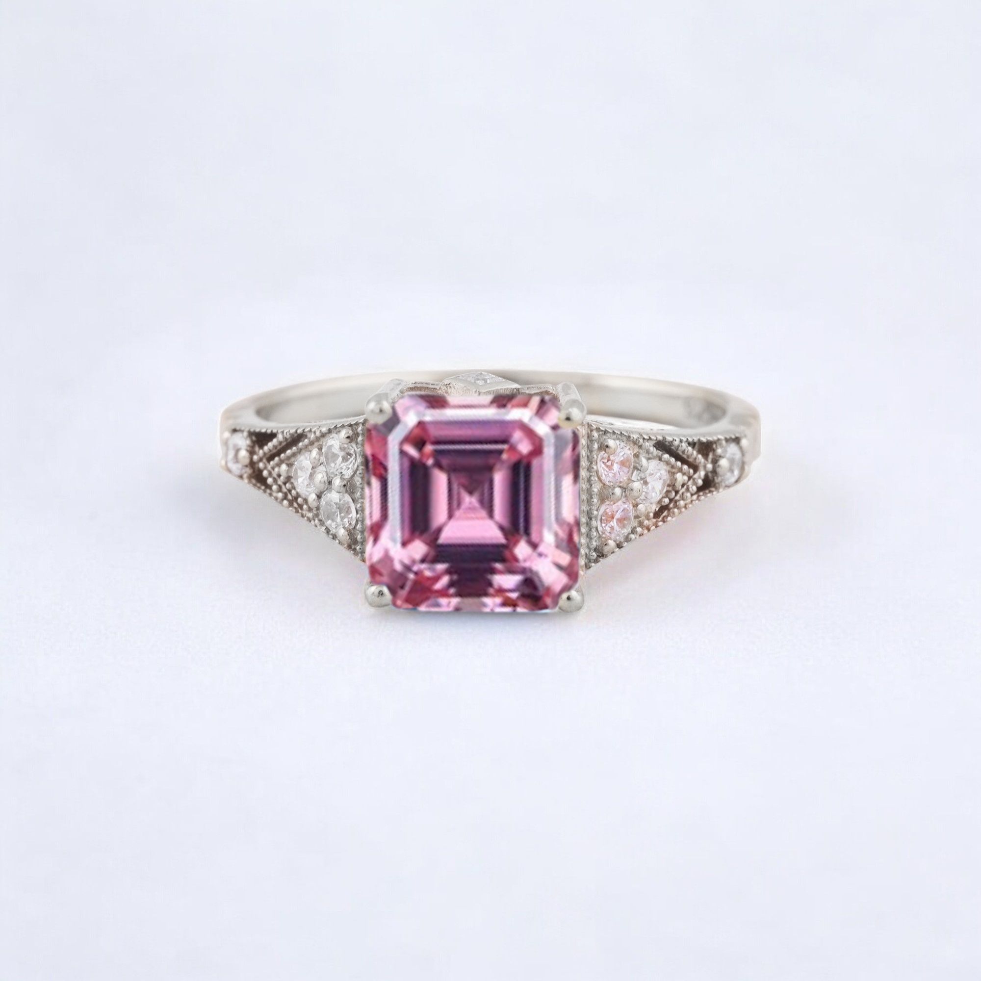 Princess Cut Pink Sapphire Engagement Ring Diamond Promise Stacking Ring Rose Gold Handmade Jewelry Birthday Gift For Wife Princess cut pink sapphire engagement ring with diamond accents Matching diamond promise stacking band in 14K rose gold Handcrafted pink sapphire and diamond ring set showcasing vintage charm Customizable engagement ring and band set reflecting personal style Timeless pink sapphire jewelry piece perfect for engagements or anniversaries Elegant rose gold ring set ideal as a heartfelt gift for wifeā