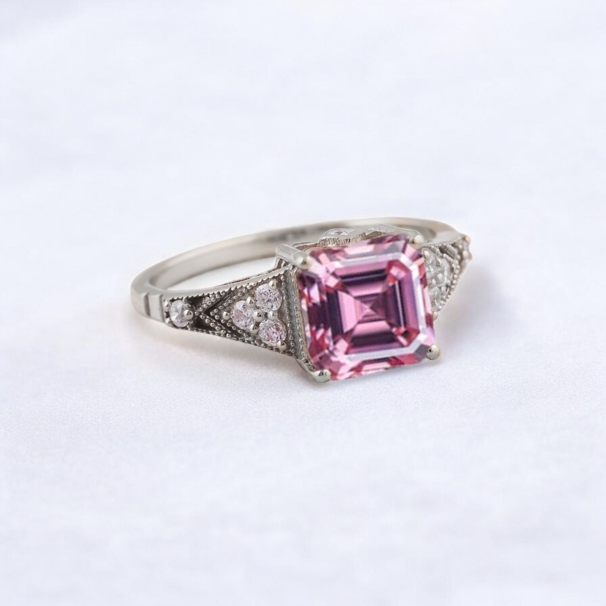 Princess Cut Pink Sapphire Engagement Ring Diamond Promise Stacking Ring Rose Gold Handmade Jewelry Birthday Gift For Wife Princess cut pink sapphire engagement ring with diamond accents Matching diamond promise stacking band in 14K rose gold Handcrafted pink sapphire and diamond ring set showcasing vintage charm Customizable engagement ring and band set reflecting personal style Timeless pink sapphire jewelry piece perfect for engagements or anniversaries Elegant rose gold ring set ideal as a heartfelt gift for wifeā