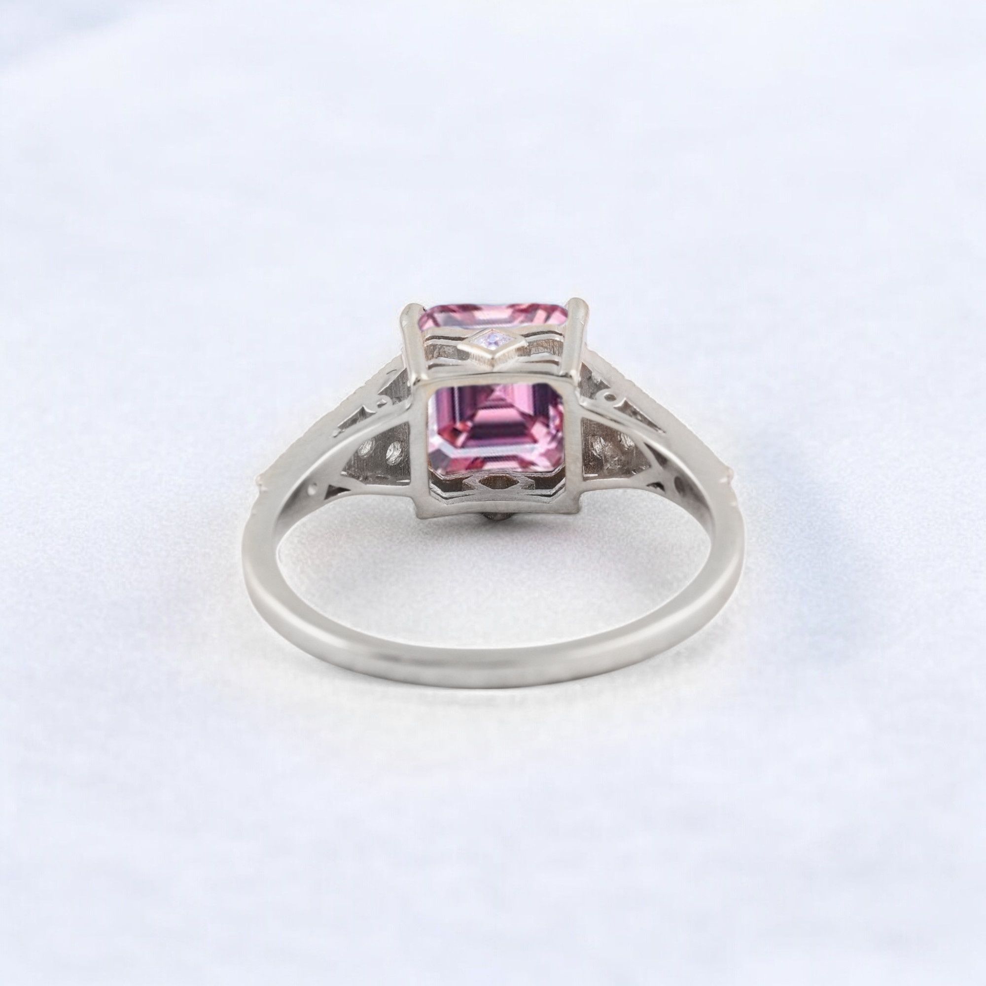 Princess Cut Pink Sapphire Engagement Ring Diamond Promise Stacking Ring Rose Gold Handmade Jewelry Birthday Gift For Wife Princess cut pink sapphire engagement ring with diamond accents Matching diamond promise stacking band in 14K rose gold Handcrafted pink sapphire and diamond ring set showcasing vintage charm Customizable engagement ring and band set reflecting personal style Timeless pink sapphire jewelry piece perfect for engagements or anniversaries Elegant rose gold ring set ideal as a heartfelt gift for wifeā