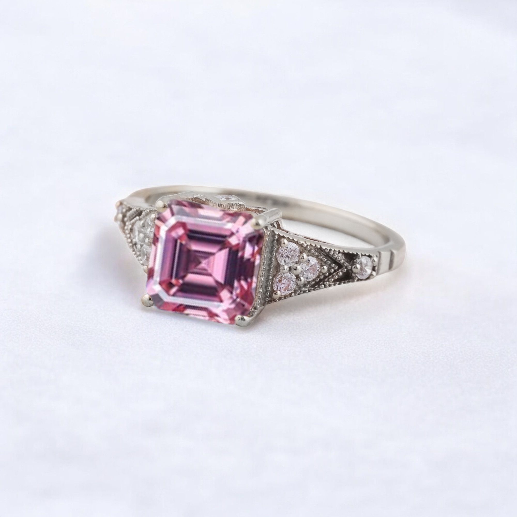 Princess Cut Pink Sapphire Engagement Ring Diamond Promise Stacking Ring Rose Gold Handmade Jewelry Birthday Gift For Wife Princess cut pink sapphire engagement ring with diamond accents Matching diamond promise stacking band in 14K rose gold Handcrafted pink sapphire and diamond ring set showcasing vintage charm Customizable engagement ring and band set reflecting personal style Timeless pink sapphire jewelry piece perfect for engagements or anniversaries Elegant rose gold ring set ideal as a heartfelt gift for wifeā