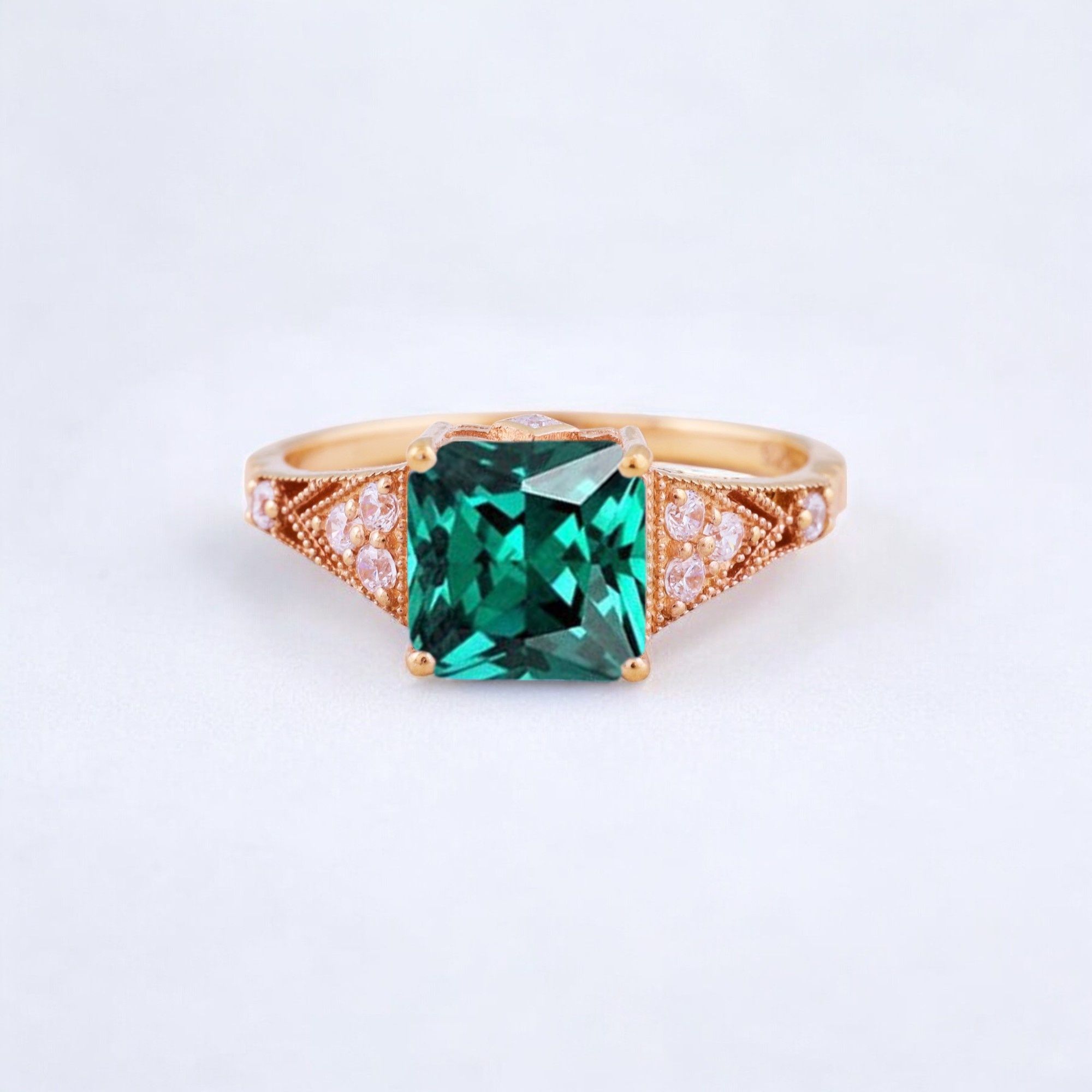 Princess Cut Green Emerald Engagement Ring Diamond Promise Stacking Ring Rose Gold Handmade Jewelry Birthday Gift For Wife Princess cut green emerald engagement ring with diamond accents Matching diamond promise stacking band in 14K rose gold Handcrafted emerald and diamond ring set showcasing vintage charm Customizable engagement ring and band set reflecting personal style Timeless emerald jewelry piece perfect for engagements or anniversaries Elegant rose gold ring set ideal as a heartfelt gift for wifeā