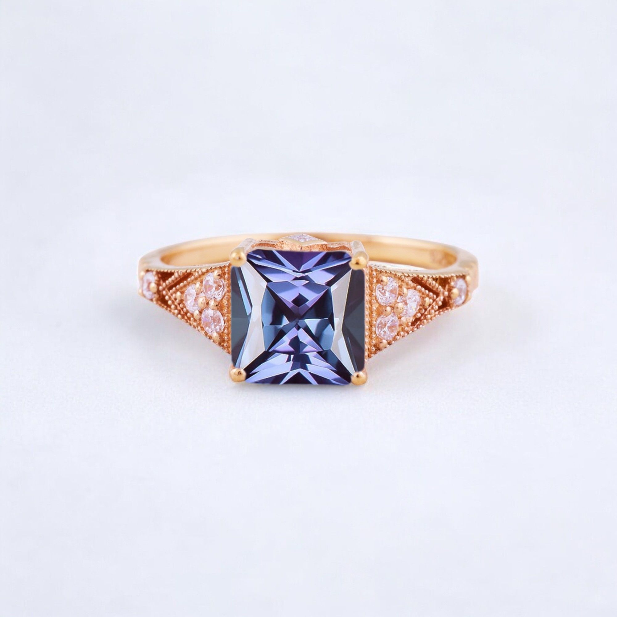 Princess Cut Moissanite Engagement Ring Diamond Promise Stacking Ring Rose Gold Handmade Jewelry Birthday Gift For Wife Princess cut moissanite engagement ring with diamond accents Matching diamond promise stacking band in 14K rose gold Handcrafted moissanite and diamond ring set showcasing vintage charm Customizable engagement ring and band set reflecting personal style Timeless moissanite jewelry piece perfect for engagements or anniversaries Elegant rose gold ring set ideal as a heartfelt gift for wifeā