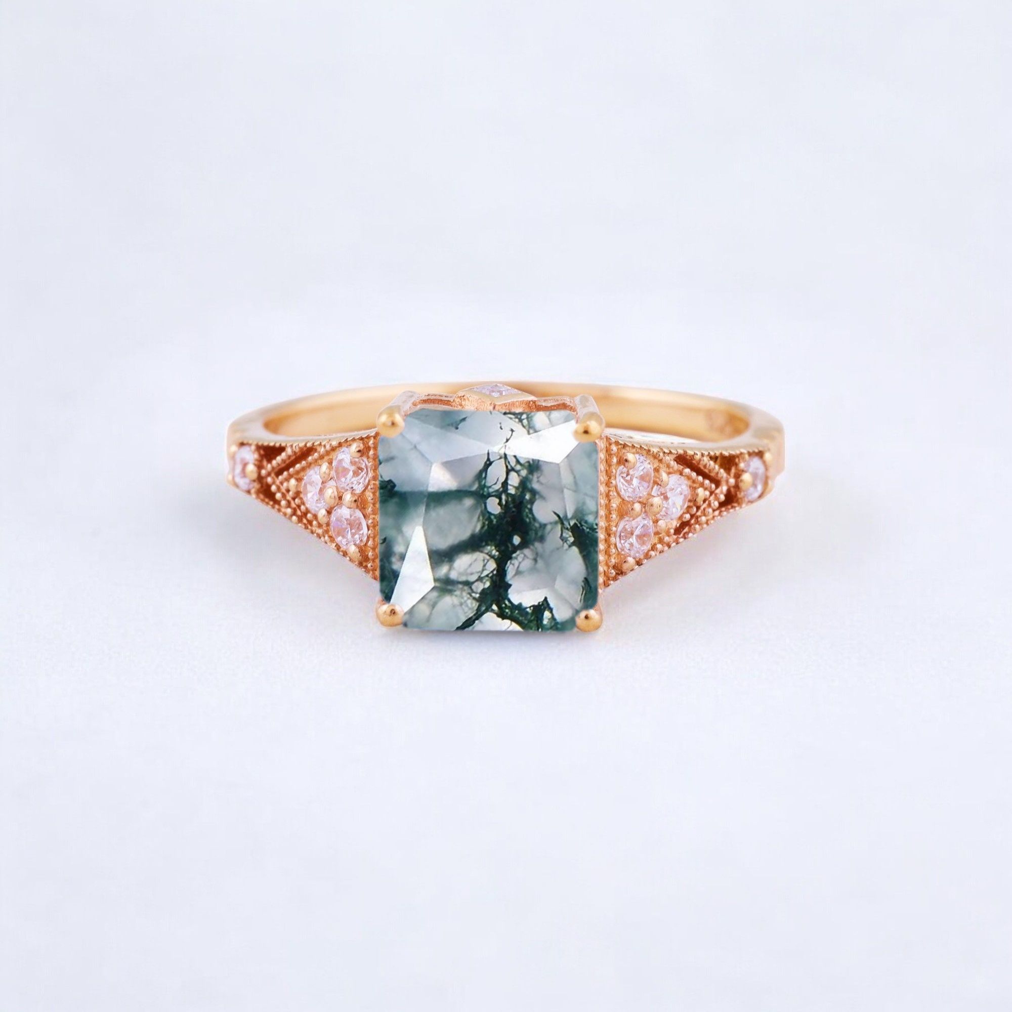 Princess Cut Moss Agate Engagement Ring Diamond Promise Stacking Ring Rose Gold Handmade Jewelry Birthday Gift For Wife Princess cut moss agate engagement ring with diamond accents Matching diamond promise stacking band in 14K rose gold Handcrafted moss agate and diamond ring set showcasing vintage charm Customizable engagement ring and band set reflecting personal style Timeless moss agate jewelry piece perfect for engagements or anniversaries Elegant rose gold ring set ideal as a heartfelt gift for wifeā