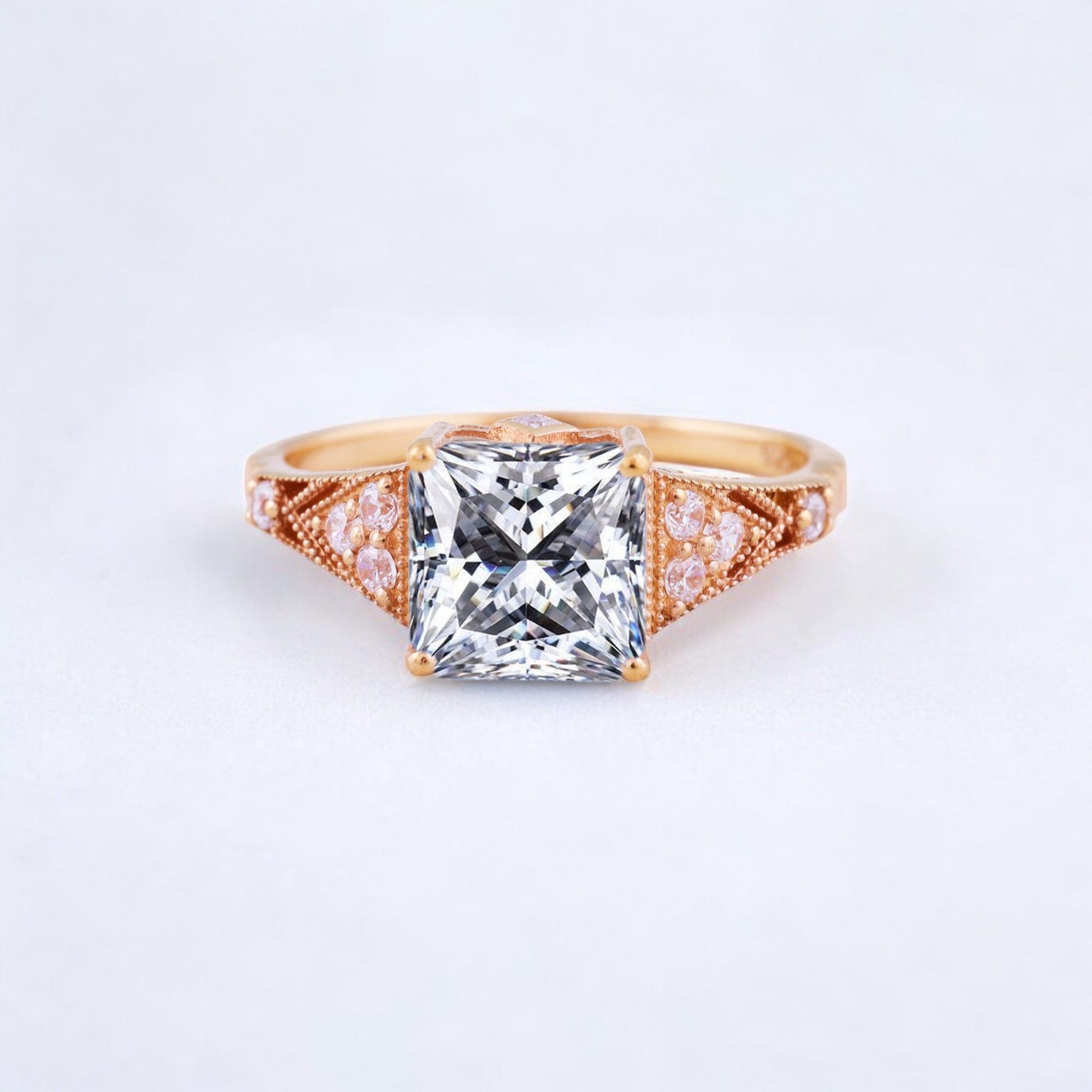 Princess Cut Moissanite Engagement Ring Diamond Promise Stacking Ring Rose Gold Handmade Jewelry Birthday Gift For Wife Princess cut moissanite engagement ring with diamond accents Matching diamond promise stacking band in 14K rose gold Handcrafted moissanite and diamond ring set showcasing vintage charm Customizable engagement ring and band set reflecting personal style Timeless moissanite jewelry piece perfect for engagements or anniversaries Elegant rose gold ring set ideal as a heartfelt gift for wifeā