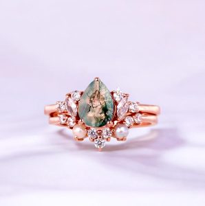2 Pcs Moss Agate Ring Set, Fresh Water Pearl Ring, CZ Diamond Cluster Ring teardrop moss agate, organic gemstone centerpiece, marquise-cut sparkle, luminous round CZ stones, freshwater pearl accents, garden-inspired shimmer, nature-meets-glam design, woodland gem harmony, artisan-crafted elegance, pearl-kissed radiance