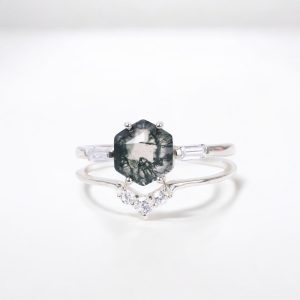 Hexagon Moss Agate Wedding Ring Set, CZ Diamond Statement Ring Set, Green Gemstone Statement Ring, Birthday Gift for Love geometric moss agate, forest-inspired stone, natural green center gem, tapered baguette sparkle, radiant round cut accents, prong-mounted brilliance, artisan gemstone blend, wild elegance, botanical gem combo, raw yet refined beauty