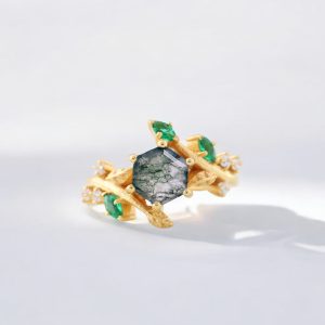 Moss Agate Twig Ring, Solid Gold Statement Ring, Emerald Leaf Ring, CZ Diamond Gold Ring hexagon-cut moss agate, natural green gemstone, marquise emerald stone, round-cut CZ sparkle, organic twig design, woodland leaf detail, forest-inspired style, artisan branch ring, earthy gemstone fusion, prong-mounted elegance