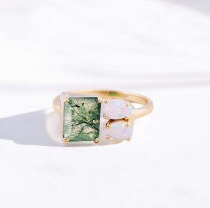 Trio Gemstone Wedding Ring, Natural Moss Agate Engagement Ring, Fire Opal Gold Ring, Birthday Gift For Love emerald-cut moss agate, natural forest gemstone, pear-shaped fire opal, glowing duet stones, prong-set brilliance, enchanted garden style, dual-stone romance, earthy meets fiery elegance, mystical pairing ring, artisan-crafted symbolism