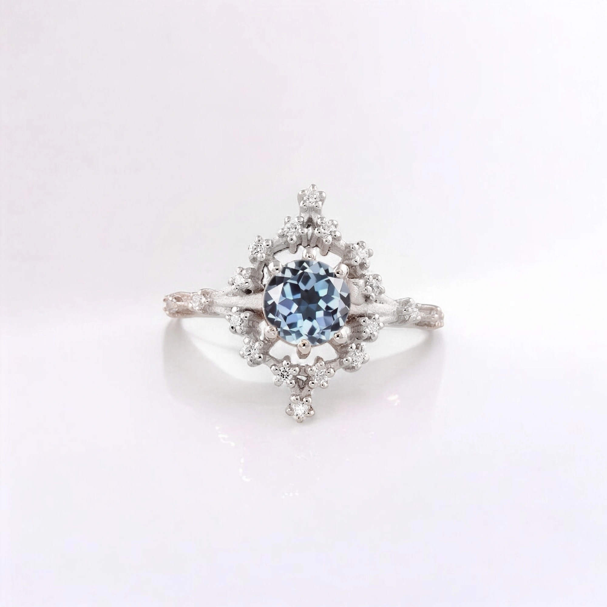 Round Alexandrite Women Ring Art Deco Diamond Jewelry Rose Gold Bridal Ring Anniversary Gift For Wife Round Alexandrite Art Deco diamond rose gold ring Alexandrite bridal ring with diamond accents Rose gold Alexandrite anniversary gift ring Handmade Alexandrite and diamond Art Deco jewelry Color-changing Alexandrite engagement ring Elegant rose gold Alexandrite promise ring