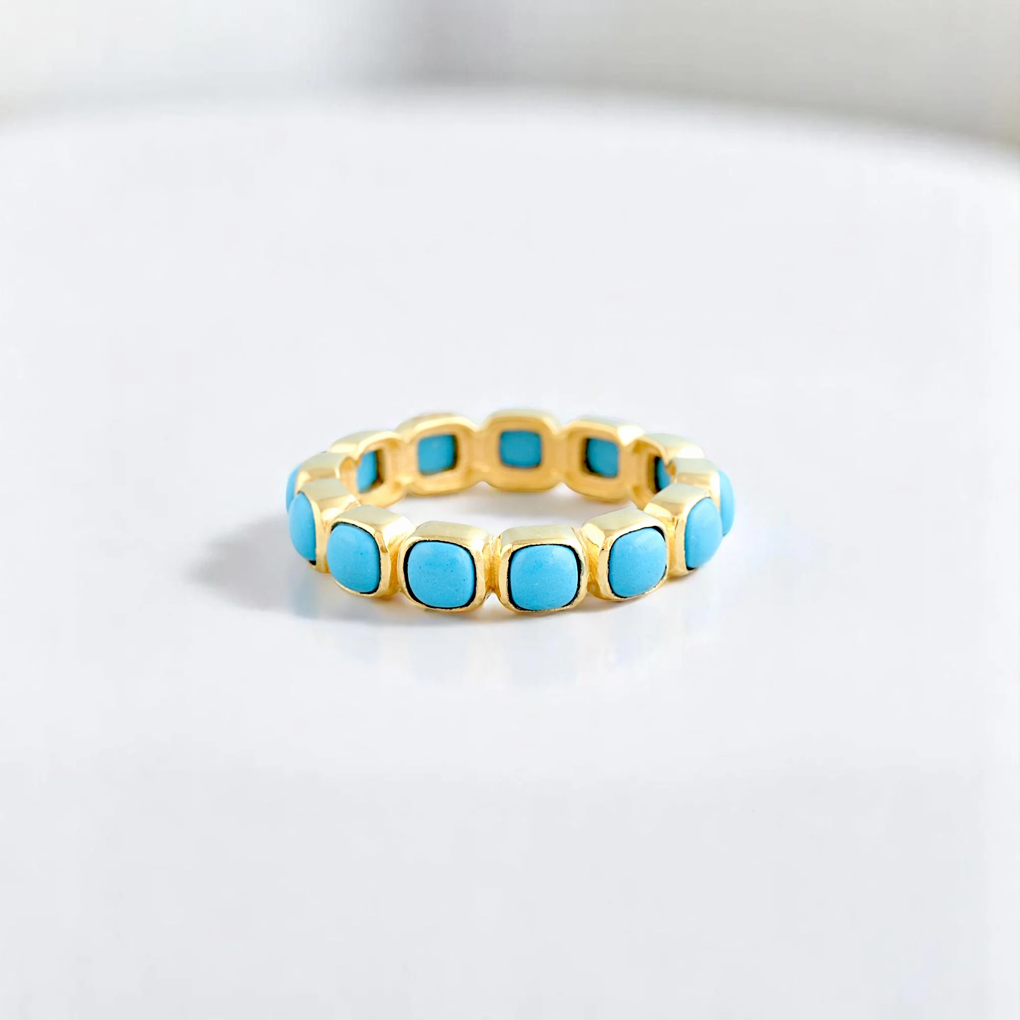 Full Eternity Wedding Band with Cushion Cut Blue Turquoise, Turquoise Engagement Ring Band, Unique Gemstone Eternity Band vibrant, bold, serene, bohemian, earthy, handcrafted, continuous, colorful, meaningful, radiant, organic, artistic, timeless, natural, statement