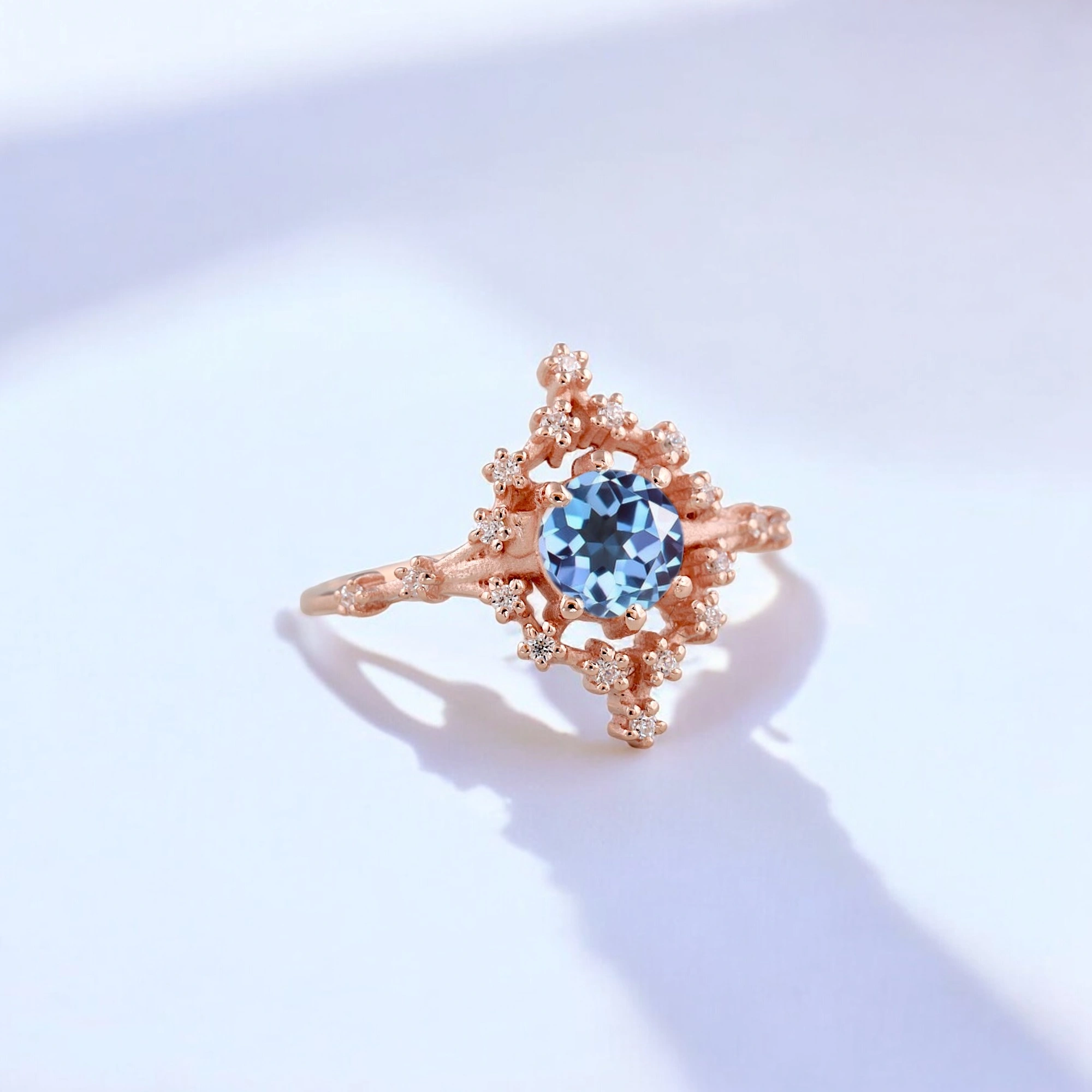 Round Alexandrite Women Ring Art Deco Diamond Jewelry Rose Gold Bridal Ring Anniversary Gift For Wife Round Alexandrite Art Deco diamond rose gold ring Alexandrite bridal ring with diamond accents Rose gold Alexandrite anniversary gift ring Handmade Alexandrite and diamond Art Deco jewelry Color-changing Alexandrite engagement ring Elegant rose gold Alexandrite promise ring