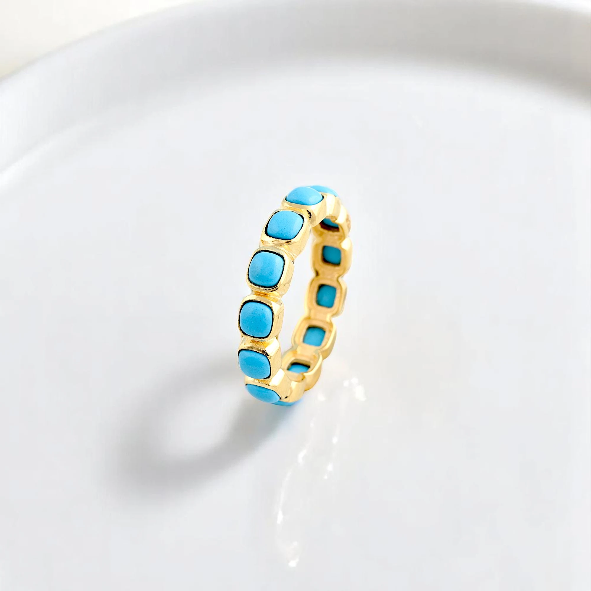 Full Eternity Wedding Band with Cushion Cut Blue Turquoise, Turquoise Engagement Ring Band, Unique Gemstone Eternity Band vibrant, bold, serene, bohemian, earthy, handcrafted, continuous, colorful, meaningful, radiant, organic, artistic, timeless, natural, statement