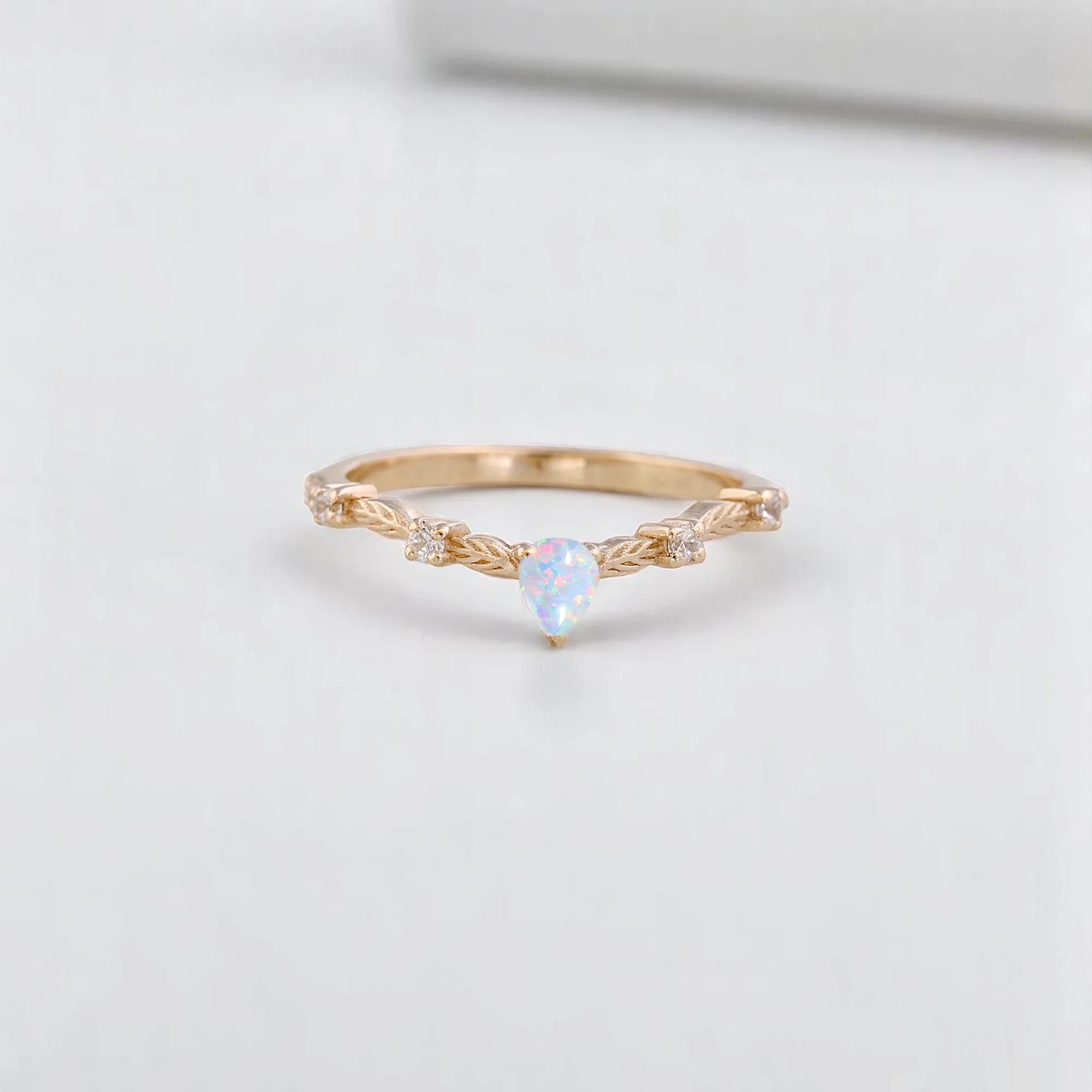 Pear Cut Fire Opal Women Ring Rose Gold Diamond Leaf Ring Nature Inspired Gift August Birthstone Ring Art Deco Gift jewelry Pear cut fire opal ring with diamond leaf accents Rose gold fire opal and diamond nature-inspired ring Women’s Art Deco fire opal August birthstone ring Fiery opal engagement or promise ring with leaf design Handmade rose gold ring with pear-shaped fire opal Elegant gemstone ring with diamonds and leaf motif