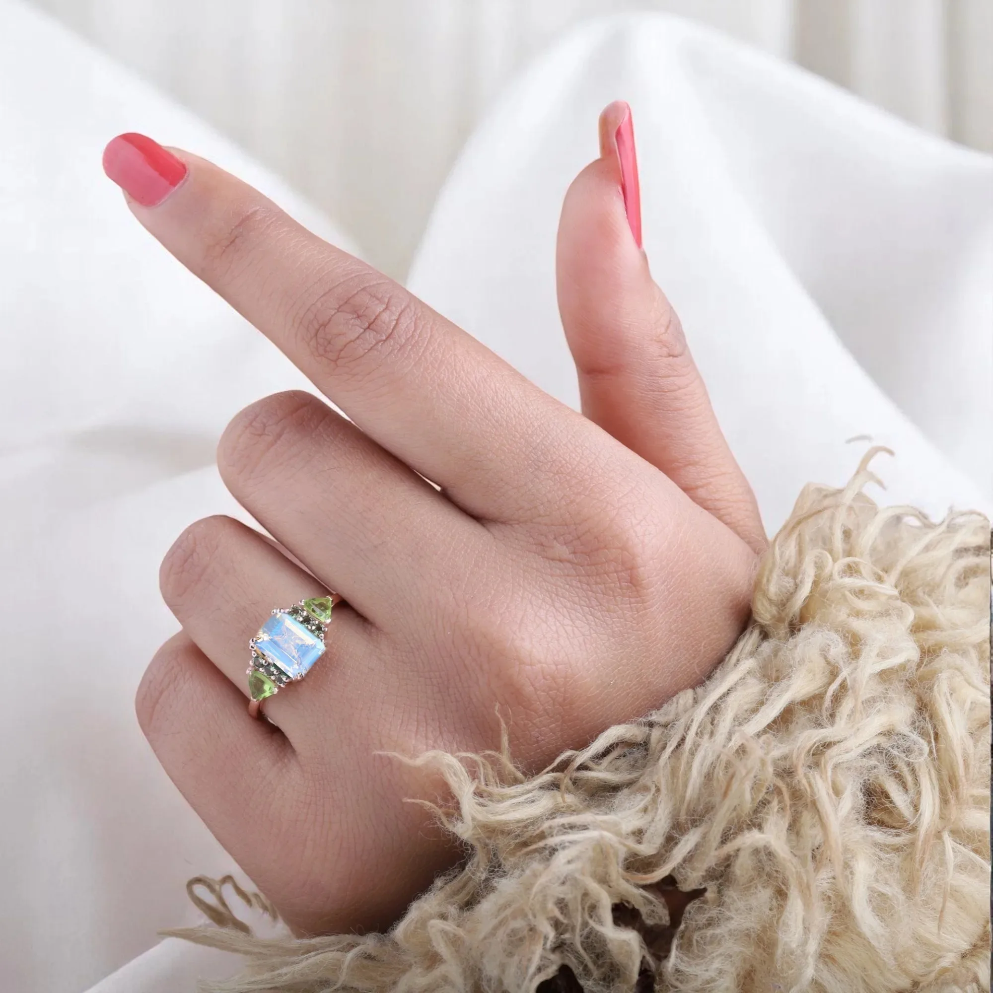 Emerald Cut Natural Moonstone Women Ring Bridal Peridot Cluster ring Art Deco Statement Ring Anniversary Gift For Wife Emerald cut moonstone ring with peridot cluster Natural moonstone and peridot bridal statement ring Art Deco style moonstone engagement or anniversary ring Women's emerald-cut moonstone ring with green gemstones Statement moonstone and peridot cluster ring for her Elegant bridal ring with emerald-cut moonstone and peridot accents