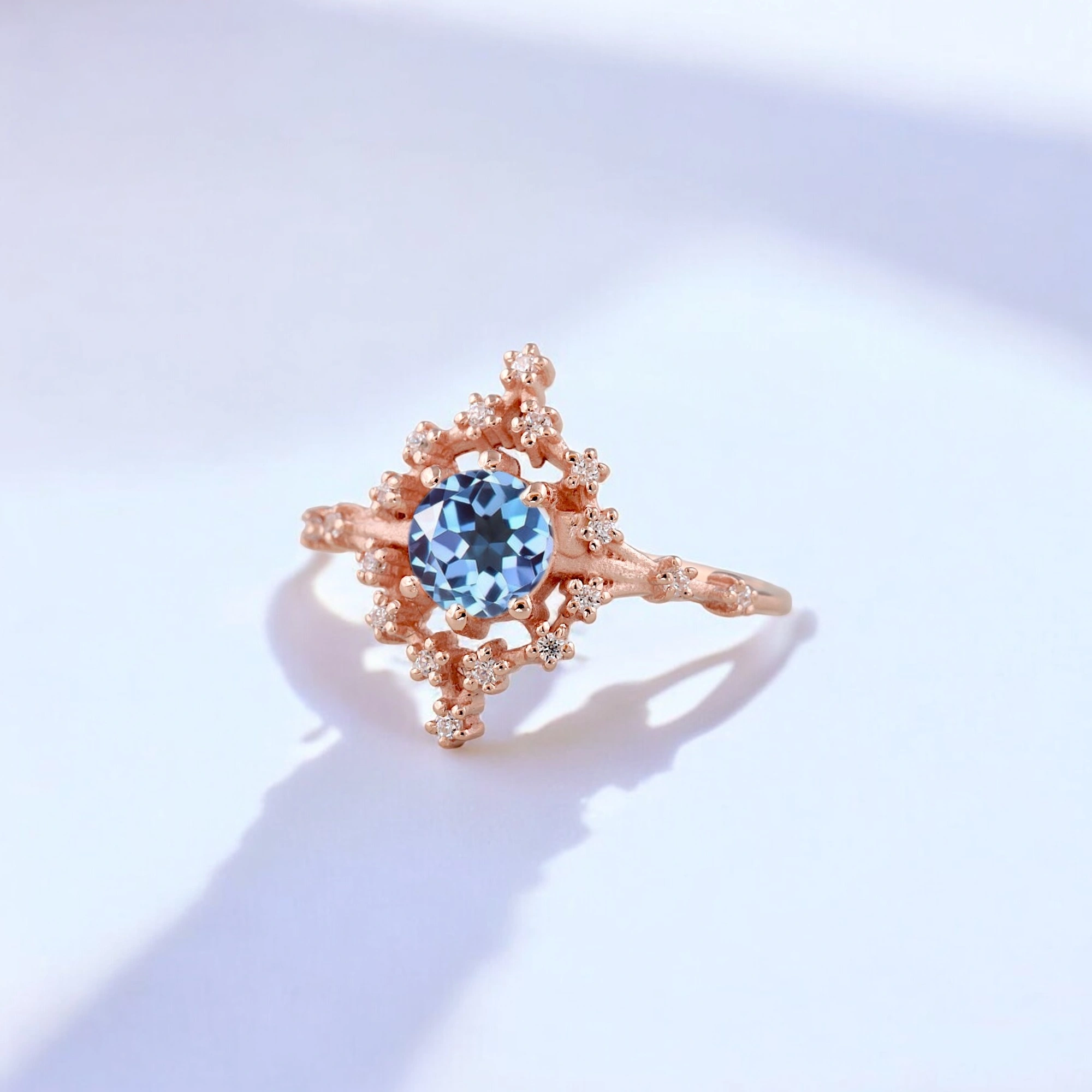 Round Alexandrite Women Ring Art Deco Diamond Jewelry Rose Gold Bridal Ring Anniversary Gift For Wife Round Alexandrite Art Deco diamond rose gold ring Alexandrite bridal ring with diamond accents Rose gold Alexandrite anniversary gift ring Handmade Alexandrite and diamond Art Deco jewelry Color-changing Alexandrite engagement ring Elegant rose gold Alexandrite promise ring