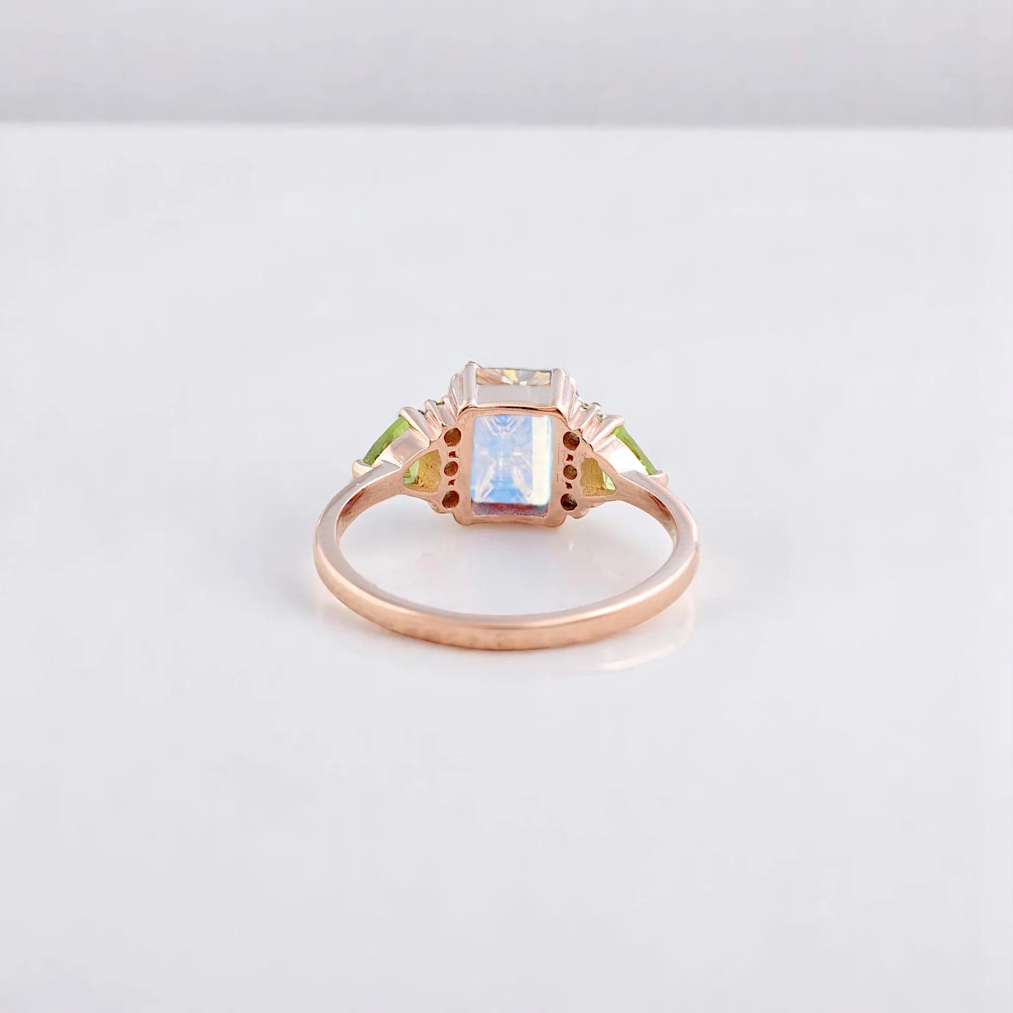 Emerald Cut Natural Moonstone Women Ring Bridal Peridot Cluster ring Art Deco Statement Ring Anniversary Gift For Wife Emerald cut moonstone ring with peridot cluster Natural moonstone and peridot bridal statement ring Art Deco style moonstone engagement or anniversary ring Women's emerald-cut moonstone ring with green gemstones Statement moonstone and peridot cluster ring for her Elegant bridal ring with emerald-cut moonstone and peridot accents