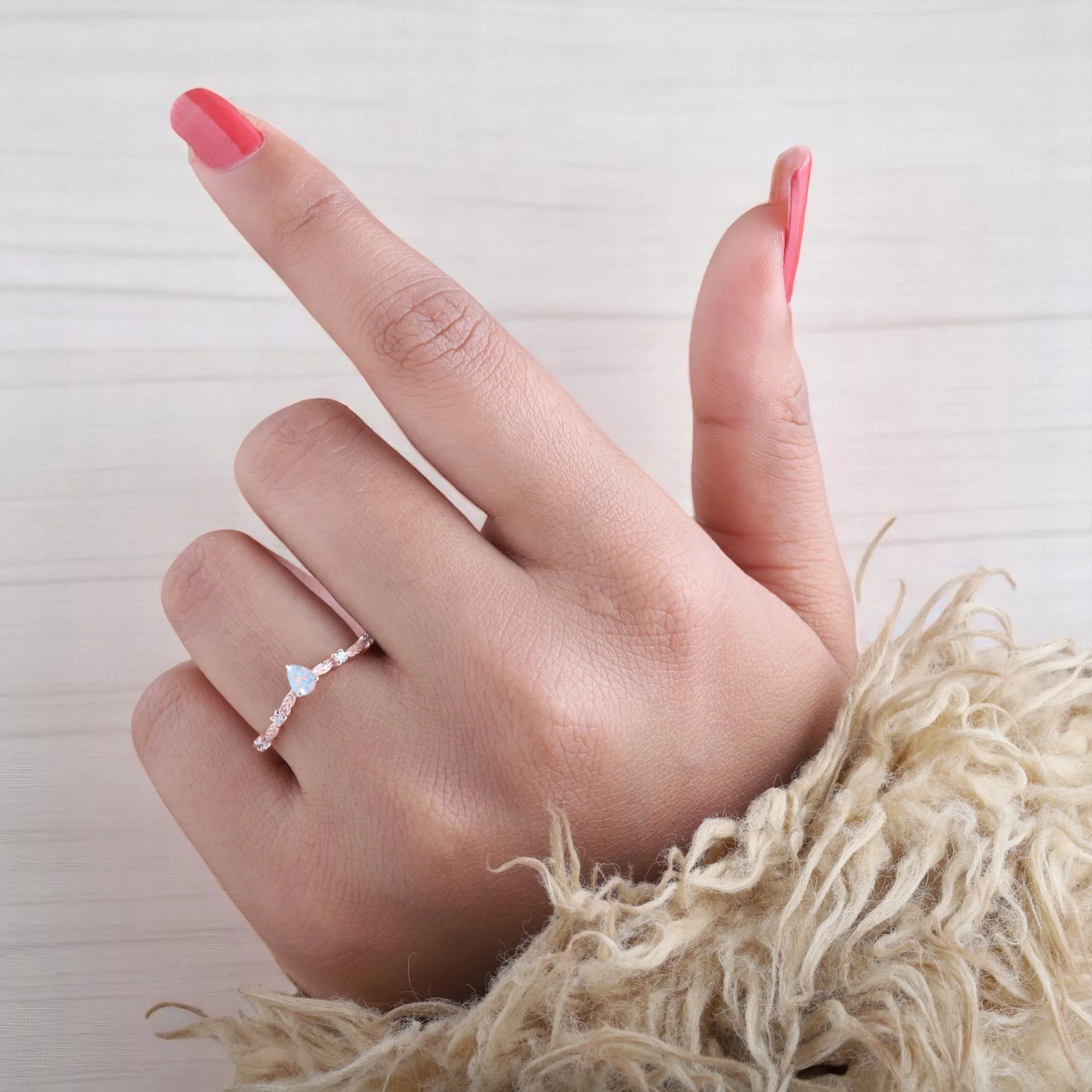 Pear Cut Fire Opal Women Ring Rose Gold Diamond Leaf Ring Nature Inspired Gift August Birthstone Ring Art Deco Gift jewelry Pear cut fire opal ring with diamond leaf accents Rose gold fire opal and diamond nature-inspired ring Women’s Art Deco fire opal August birthstone ring Fiery opal engagement or promise ring with leaf design Handmade rose gold ring with pear-shaped fire opal Elegant gemstone ring with diamonds and leaf motif