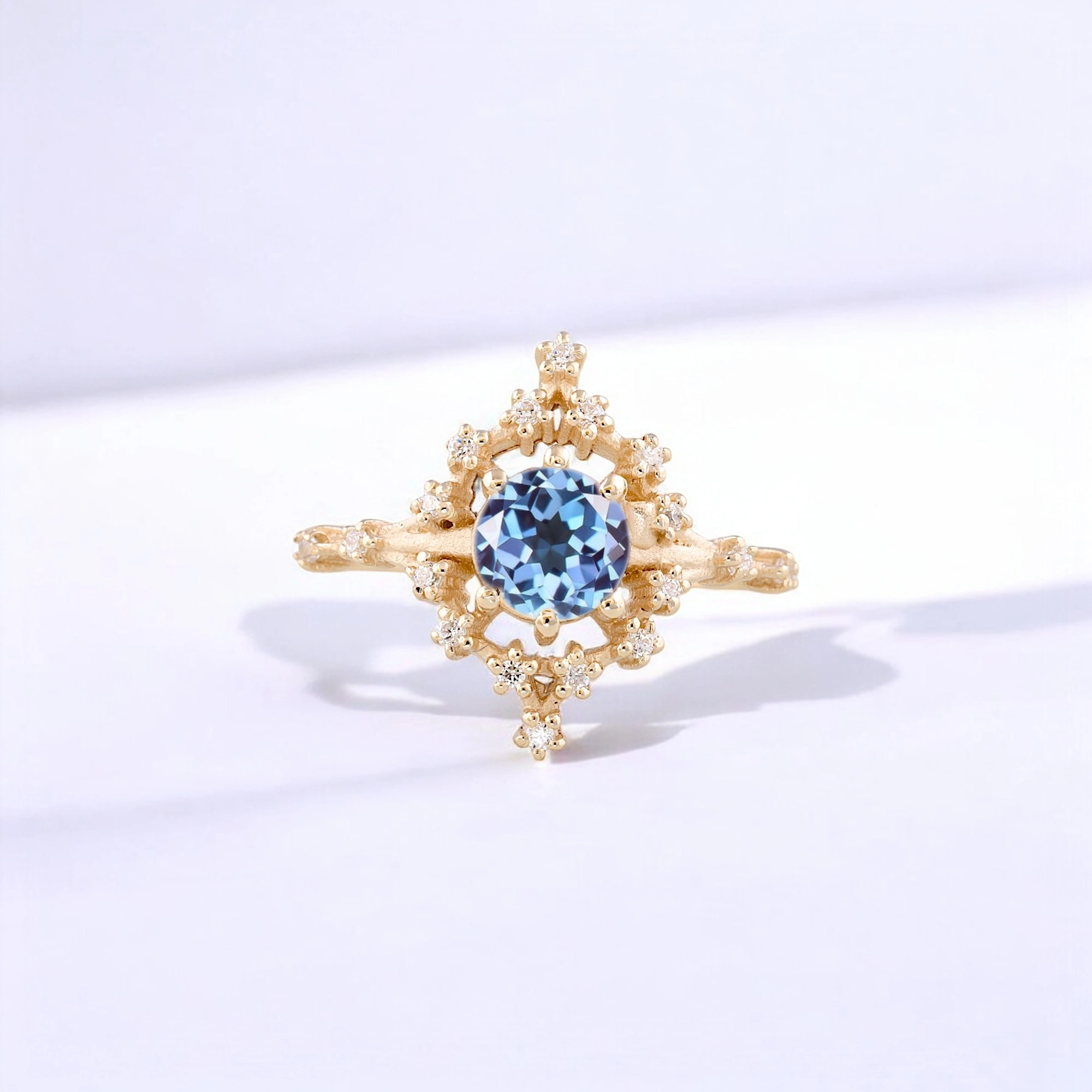 Round Alexandrite Women Ring Art Deco Diamond Jewelry Rose Gold Bridal Ring Anniversary Gift For Wife Round Alexandrite Art Deco diamond rose gold ring Alexandrite bridal ring with diamond accents Rose gold Alexandrite anniversary gift ring Handmade Alexandrite and diamond Art Deco jewelry Color-changing Alexandrite engagement ring Elegant rose gold Alexandrite promise ring