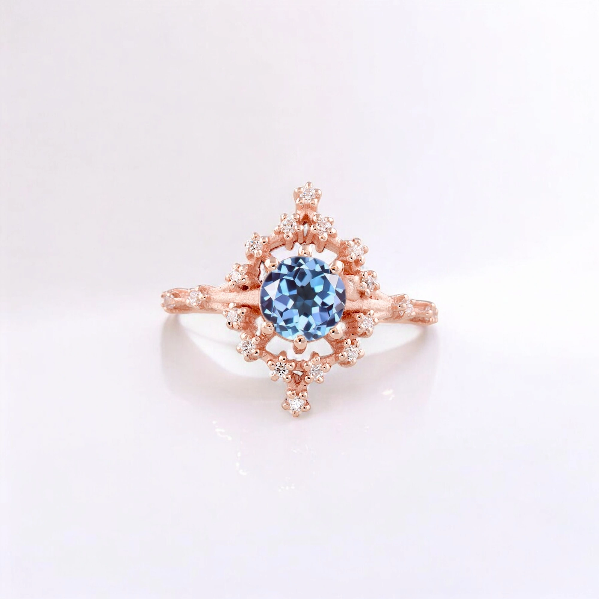 Round Alexandrite Women Ring Art Deco Diamond Jewelry Rose Gold Bridal Ring Anniversary Gift For Wife Round Alexandrite Art Deco diamond rose gold ring Alexandrite bridal ring with diamond accents Rose gold Alexandrite anniversary gift ring Handmade Alexandrite and diamond Art Deco jewelry Color-changing Alexandrite engagement ring Elegant rose gold Alexandrite promise ring