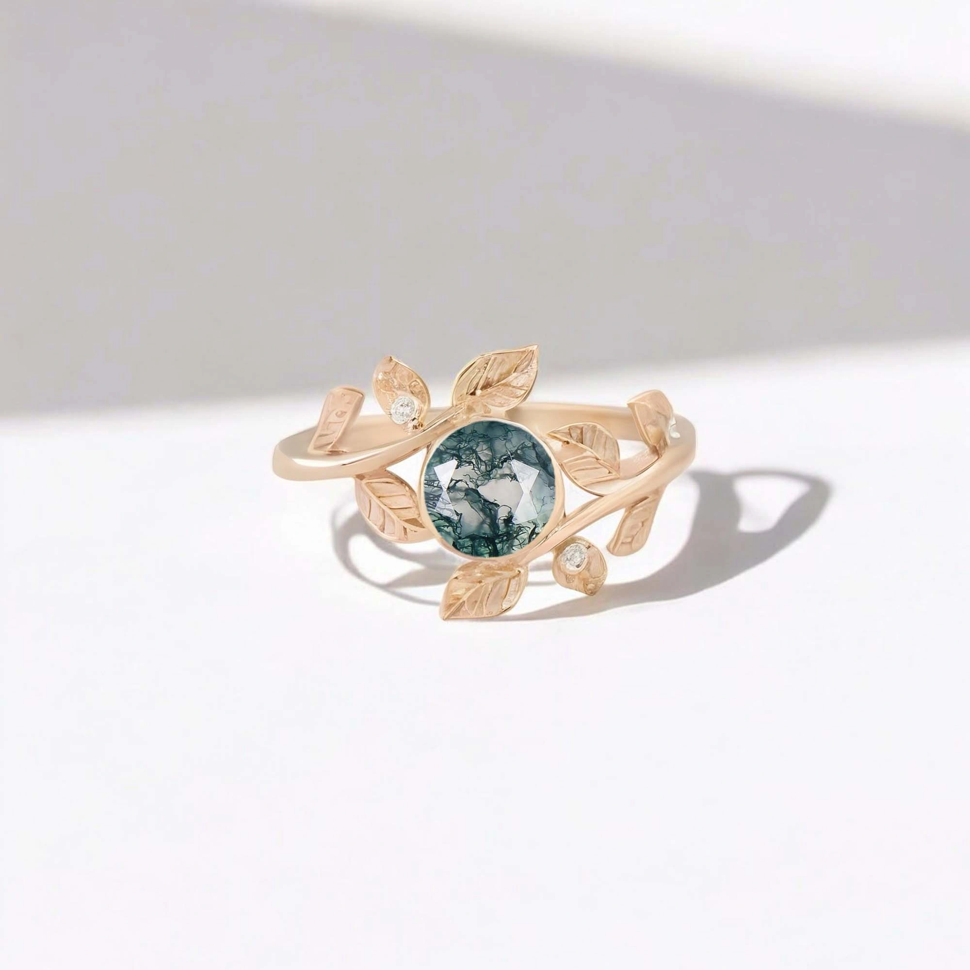 Natural Moss Agate Wedding Ring CZ Diamond Leaf Twig Ring Rose Gold Plated Women Jewelry Birthday Gift For Her Peridot Engagement Ring, Amethyst Wedding Ring, Cluster Bridal Ring, CZ Diamond Ring, Alternative Engagement Jewelry, Birthstone Bridal Ring, August Birthstone Jewelry, Fine Proposal Ring, Gift for Her Ring, Unique Wedding Jewelry