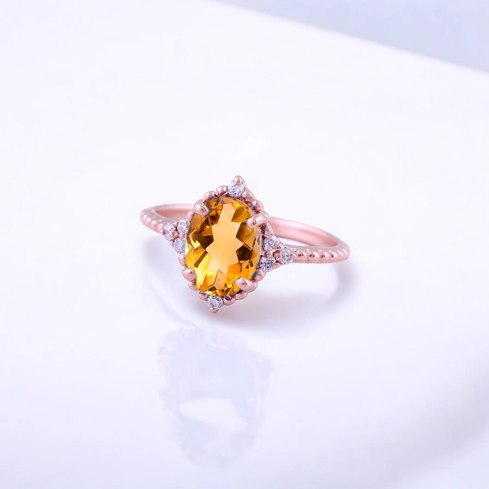 Oval Cut Citrine Women Ring Diamond Halo Promise Ring Art Deco Statement Ring Rose Gold Handmade Jewelry Oval cut citrine diamond halo rose gold ring