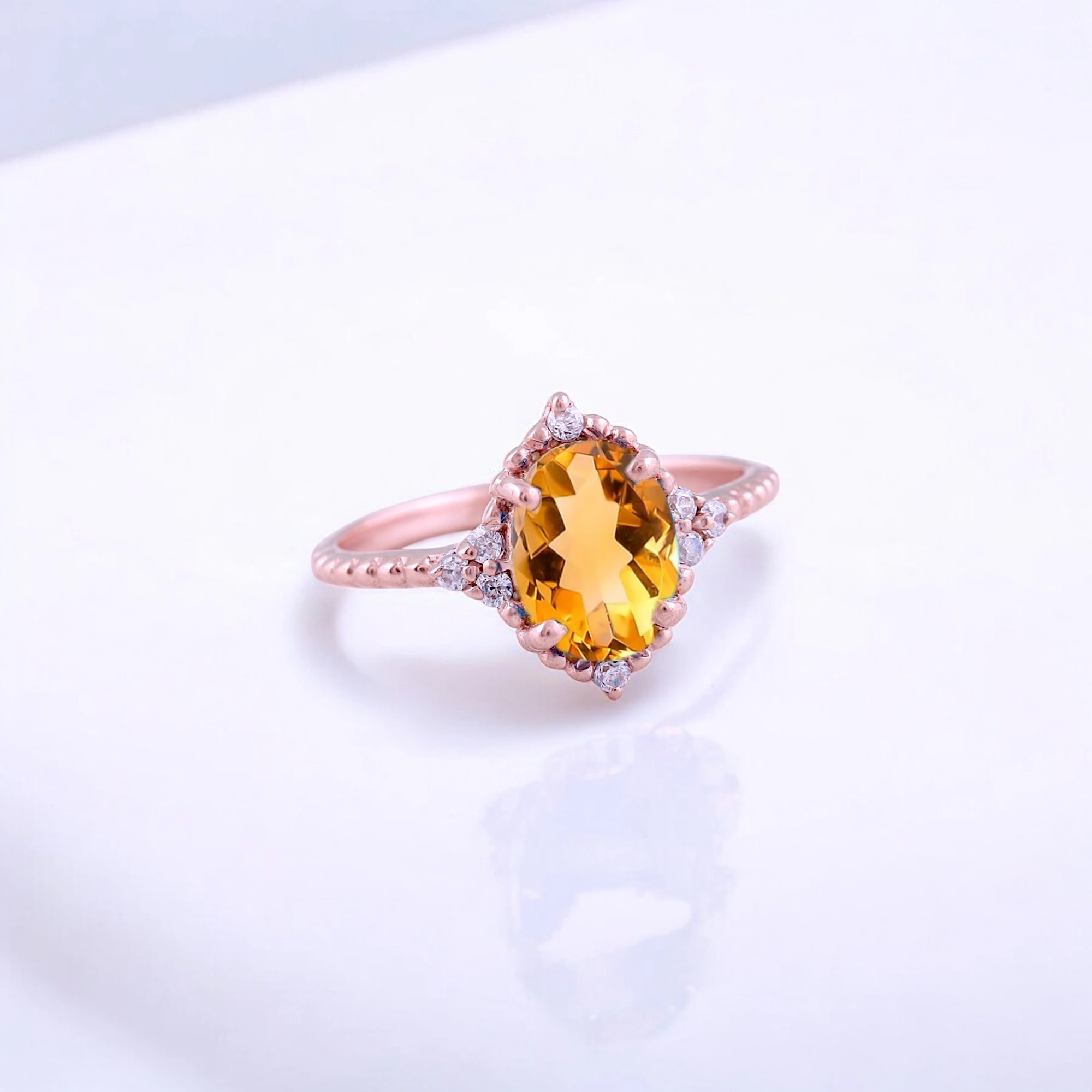Oval Cut Citrine Women Ring Diamond Halo Promise Ring Art Deco Statement Ring Rose Gold Handmade Jewelry Oval cut citrine diamond halo rose gold ring