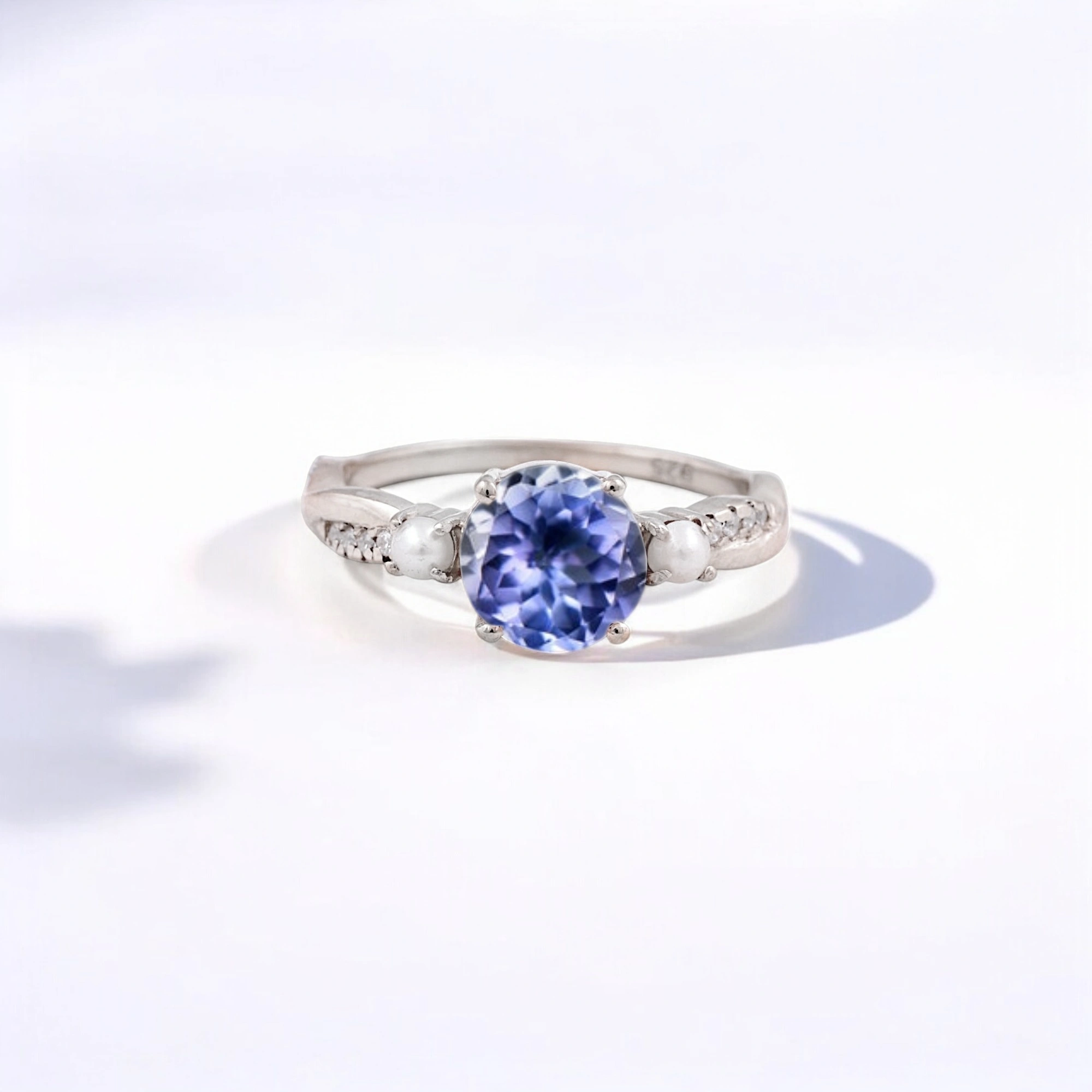 Round Shape Tanzanite Engagement Ring Pearl Bridal Wedding Jewelry Art Deco Handmade Proposal Ring Yellow Gold Gift Ring tanzanite and pearl ring, art deco engagement ring, handmade bridal jewelry, round cut tanzanite ring, yellow gold gemstone ring, vintage-inspired proposal ring, tanzanite pearl wedding ring, December birthstone jewelry, elegant gift for her, antique style ring