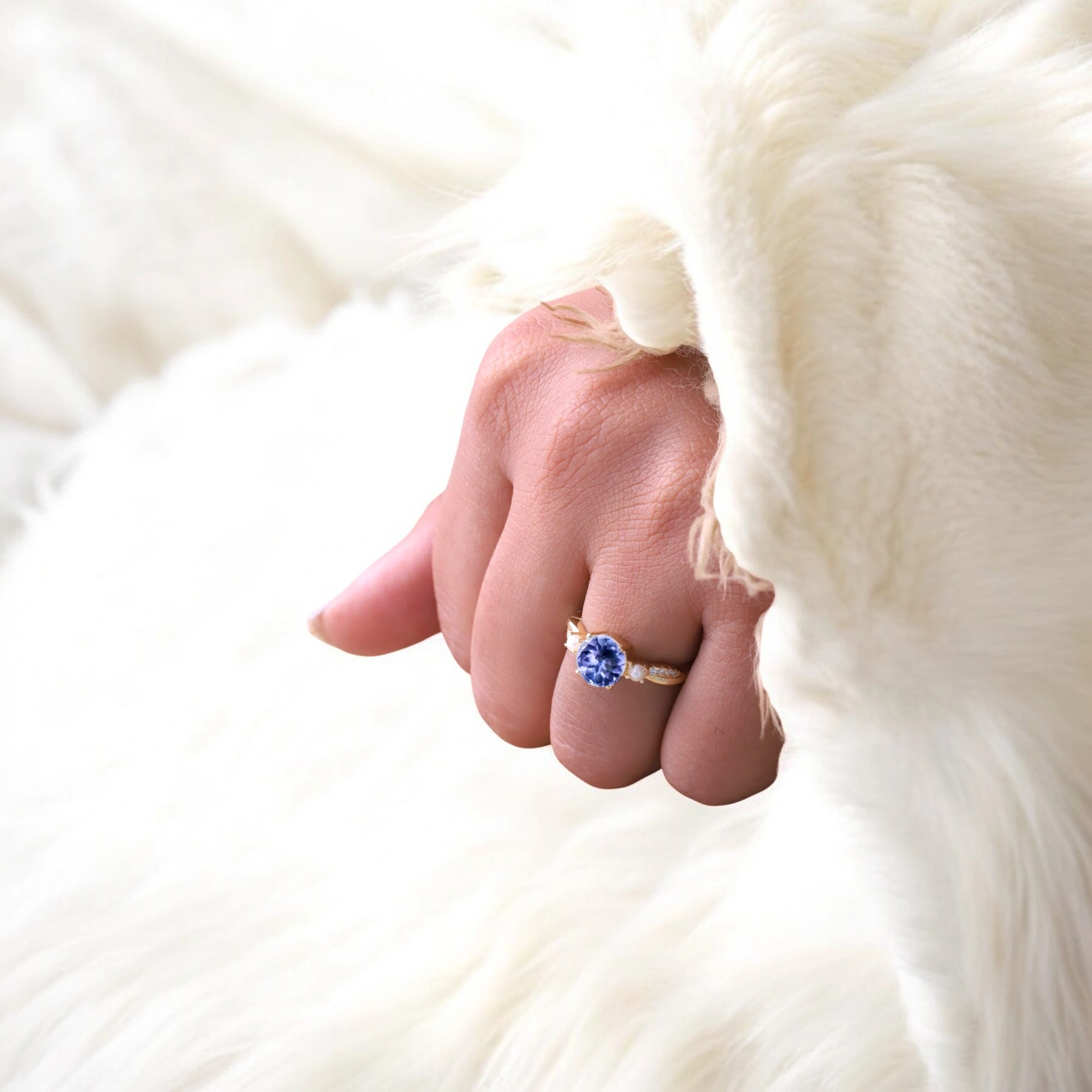 Round Shape Tanzanite Engagement Ring Pearl Bridal Wedding Jewelry Art Deco Handmade Proposal Ring Yellow Gold Gift Ring tanzanite and pearl ring, art deco engagement ring, handmade bridal jewelry, round cut tanzanite ring, yellow gold gemstone ring, vintage-inspired proposal ring, tanzanite pearl wedding ring, December birthstone jewelry, elegant gift for her, antique style ring