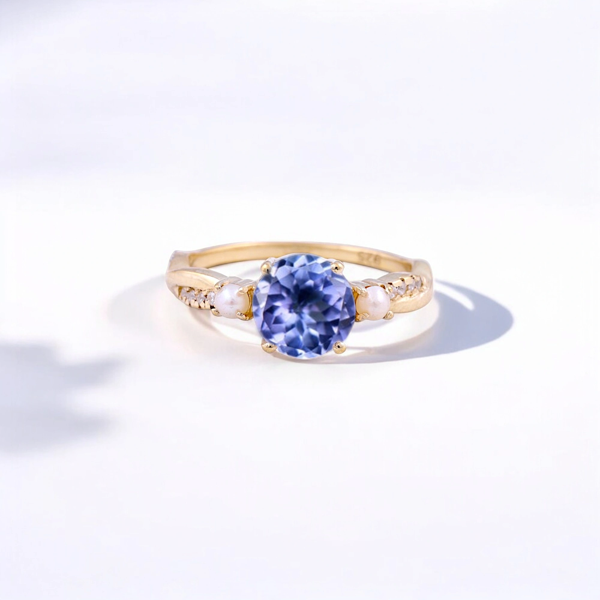 Round Shape Tanzanite Engagement Ring Pearl Bridal Wedding Jewelry Art Deco Handmade Proposal Ring Yellow Gold Gift Ring tanzanite and pearl ring, art deco engagement ring, handmade bridal jewelry, round cut tanzanite ring, yellow gold gemstone ring, vintage-inspired proposal ring, tanzanite pearl wedding ring, December birthstone jewelry, elegant gift for her, antique style ring